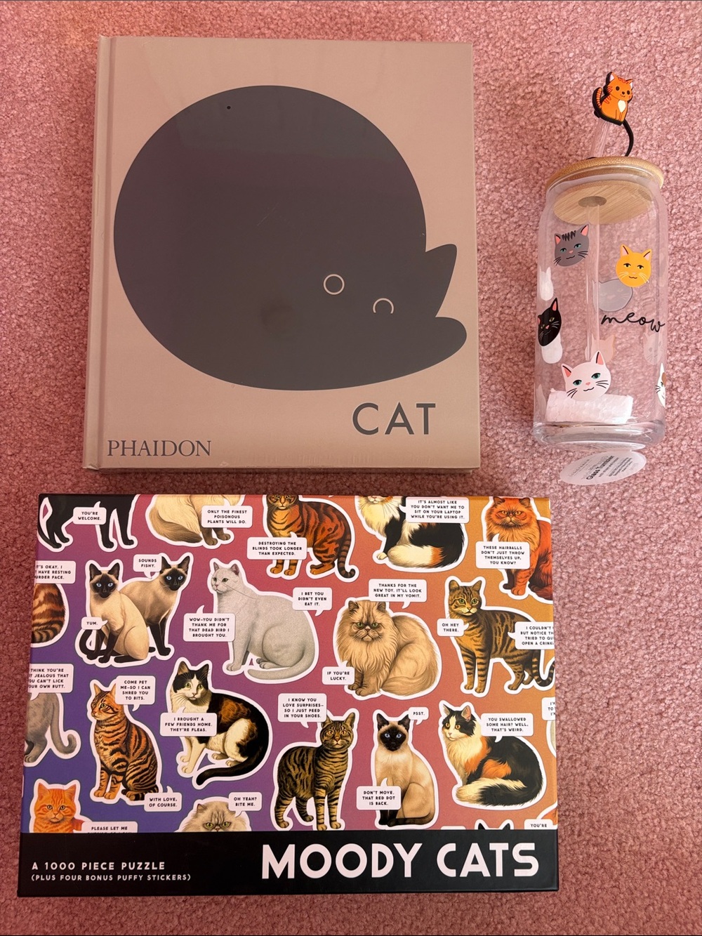 Cat Lover Gift- 1000 Piece Moody Cats Puzzle, Phaidon Cat Book, Glass Tumbler
